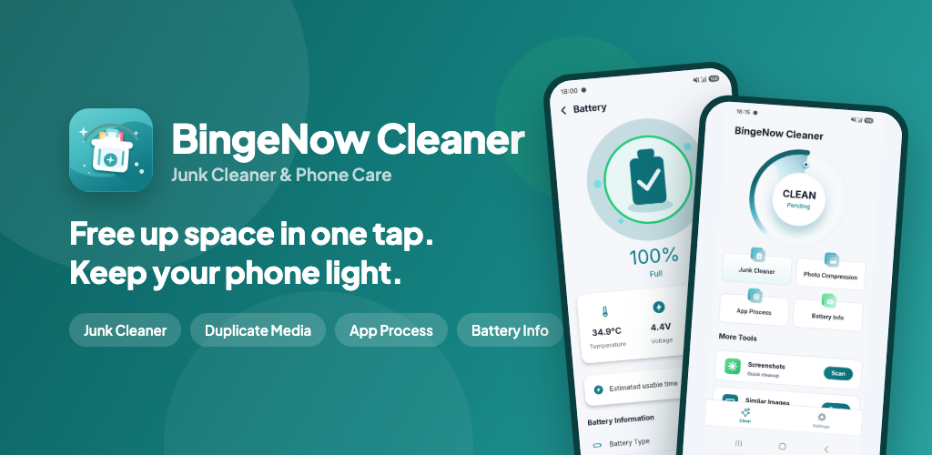 BingeNow Cleaner app screens
